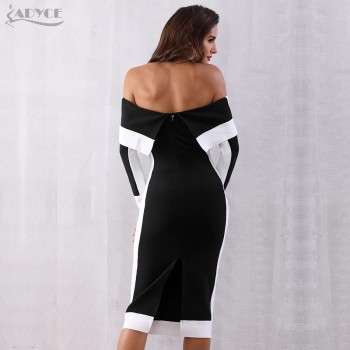 Winter Bandage Dress Women Black/White Long Sleeve Off Shoulder